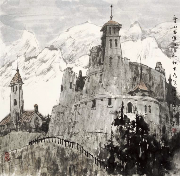 Châteaux dans les montagnes enneigées  (69x71cm)