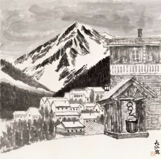 Mountain Chalets and the Spring Thaw  (68,5x68,5cm)